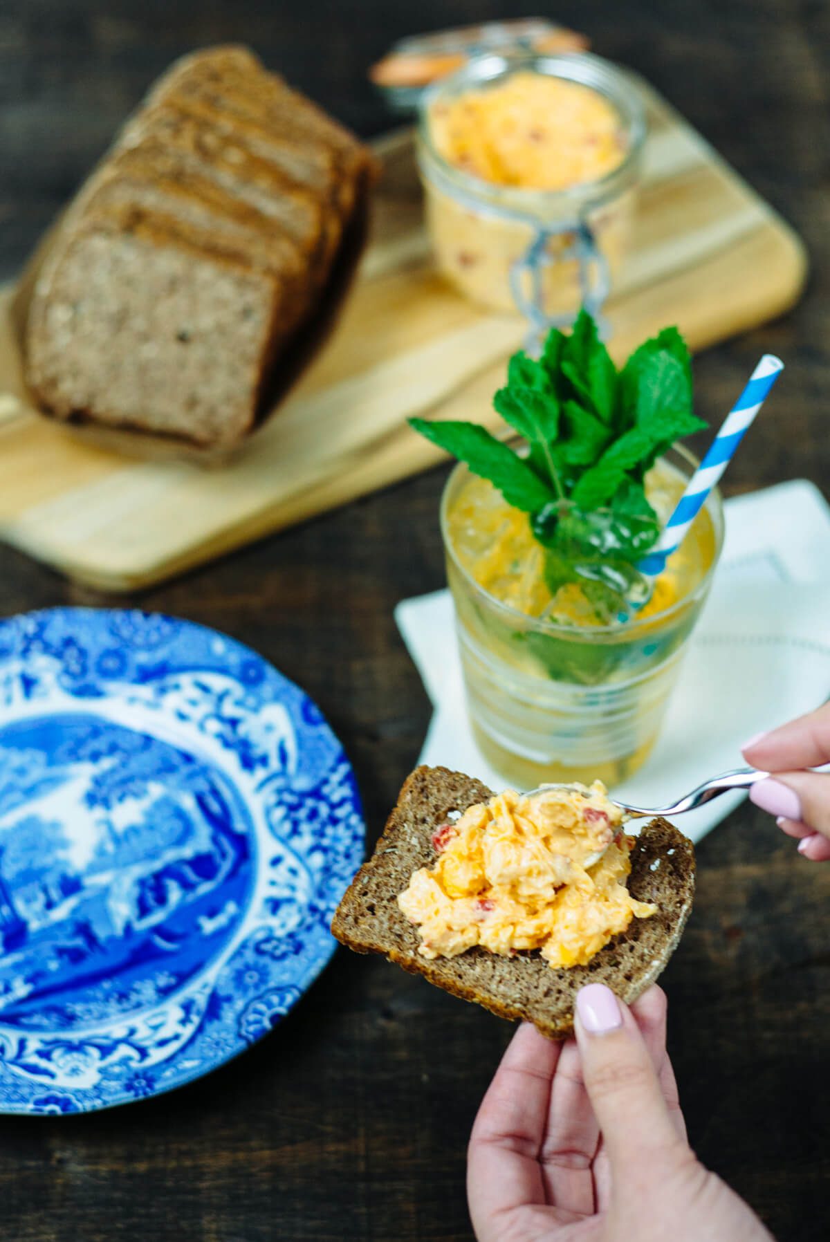 mint juleps can be served in modern glasses and served with pimento cheese for the Kentucky Derby