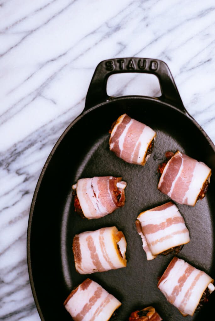 ChorizoStuffed BaconWrapped Dates with Roasted Pepper Sauce The