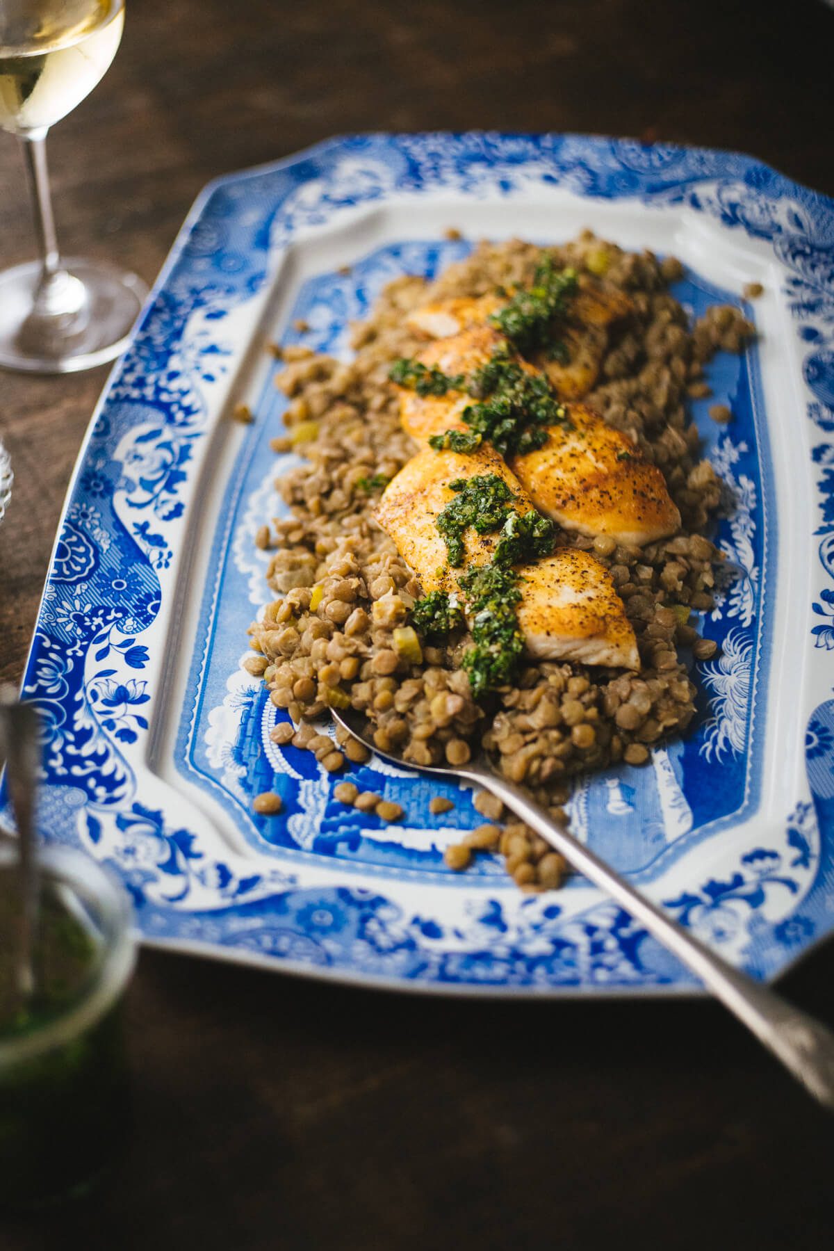 Pan Seared Halibut with Lentils and Salsa Verde