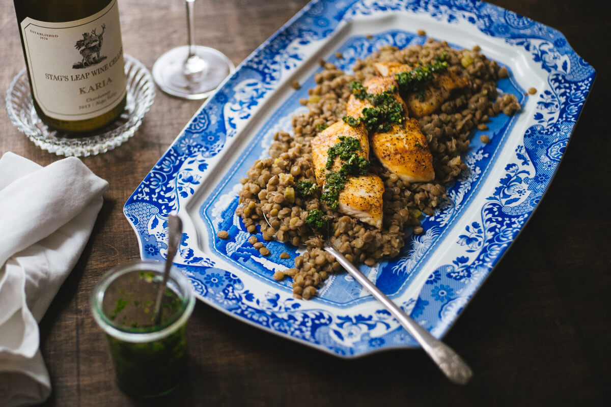 Pan Seared Halibut with Lentils and Salsa Verde is a take on a Venetian dish inspired by Polpo