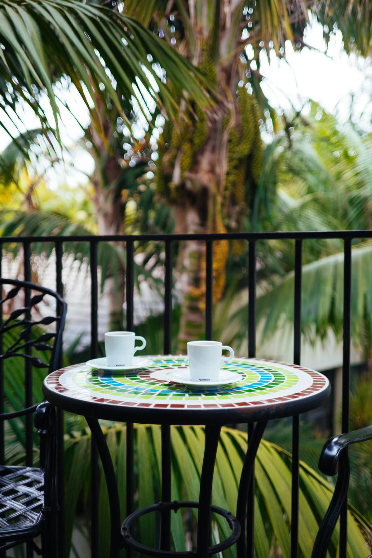 Drinking Nespresso espresso on the balcony of our room at The Four Seasons Biltmore Santa Barbara