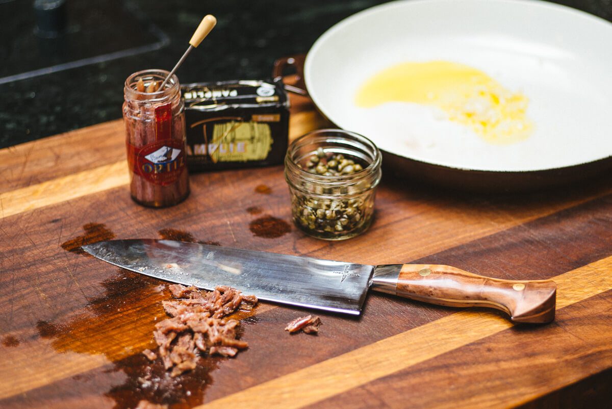 Using a Town Cutler Knife to make Spaghetti, anchovies, and capers recipe
