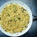 Rustichella spaghetti with anchovies and capers