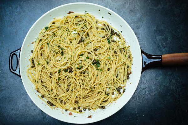 Rustichella spaghetti with anchovies and capers