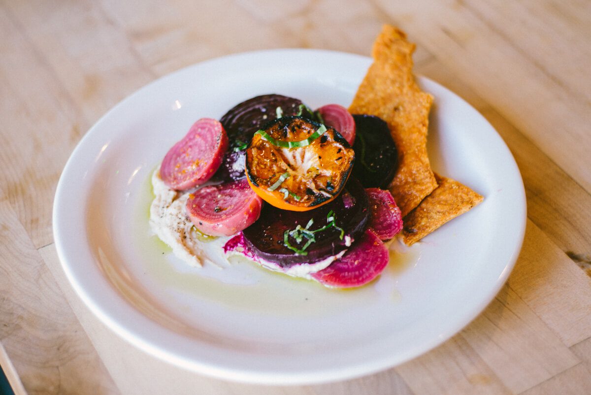 Industrial Eats Beets with grilled tangerine, and garlic hummus