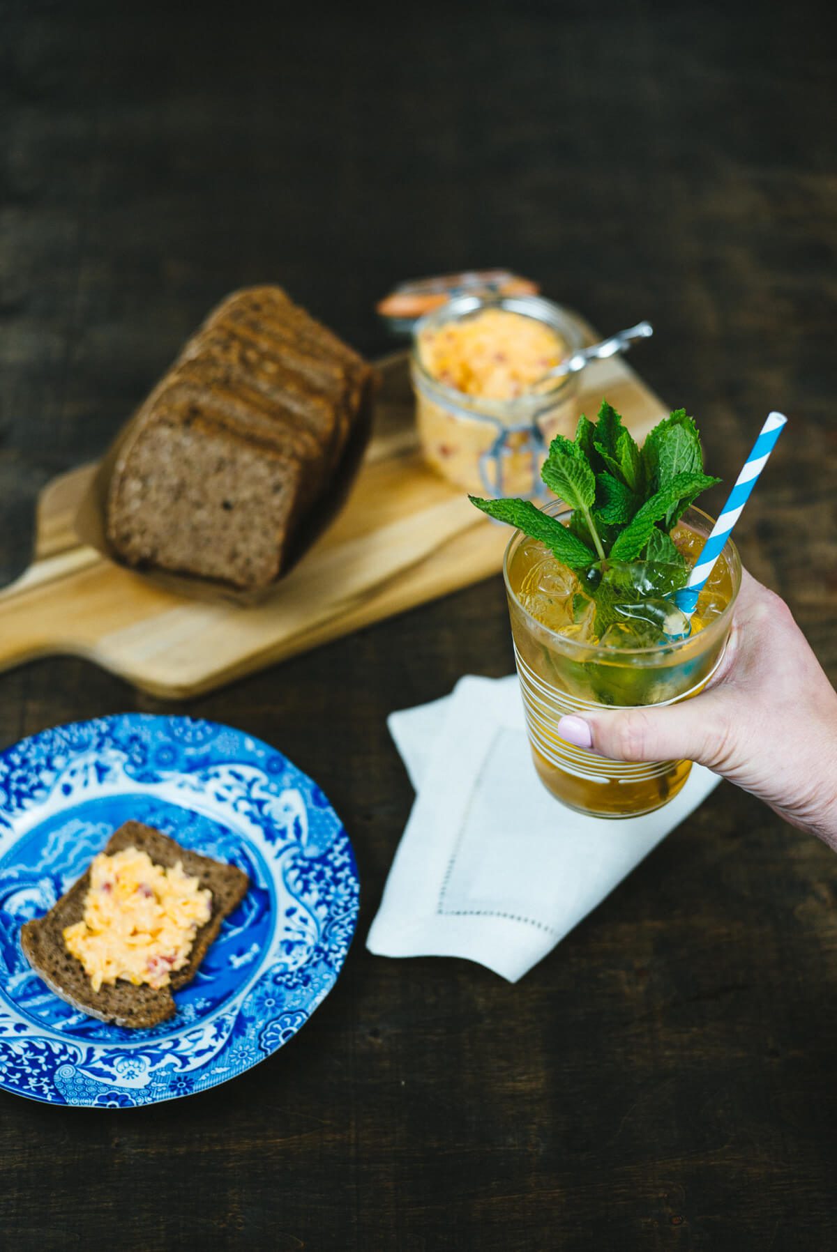 Serving pimento cheese dip and crackers with a mint juleps for the Kentucky Derby.