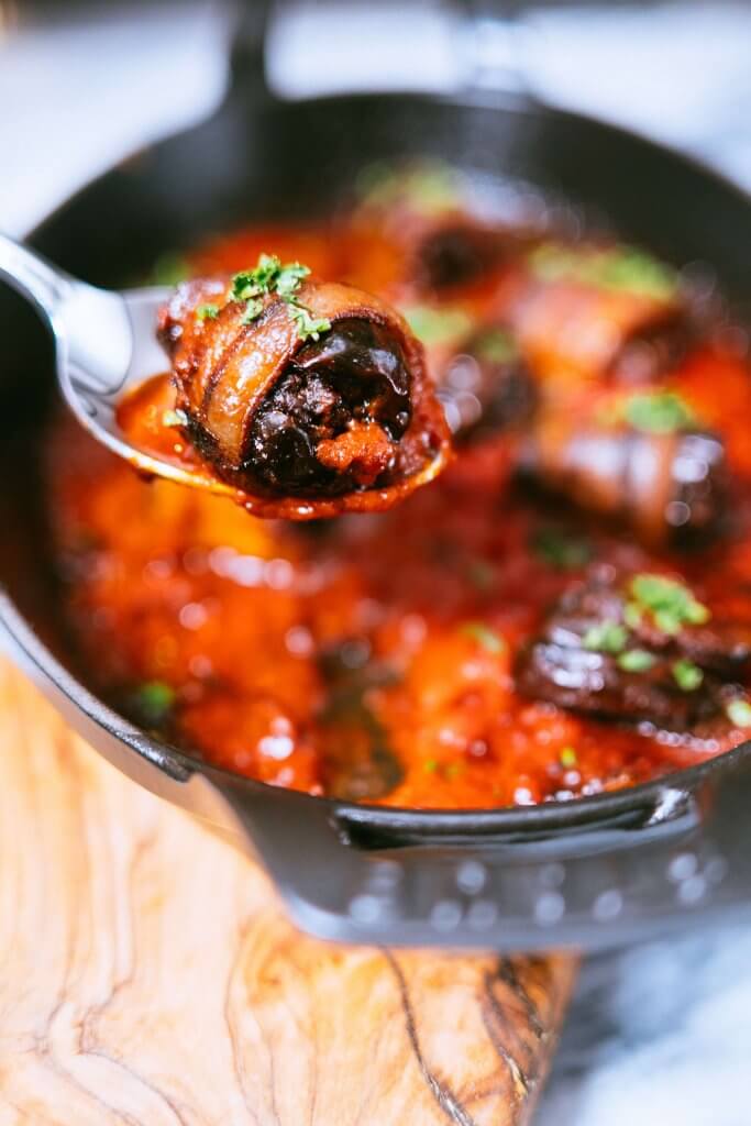 ChorizoStuffed BaconWrapped Dates with Roasted Pepper Sauce The