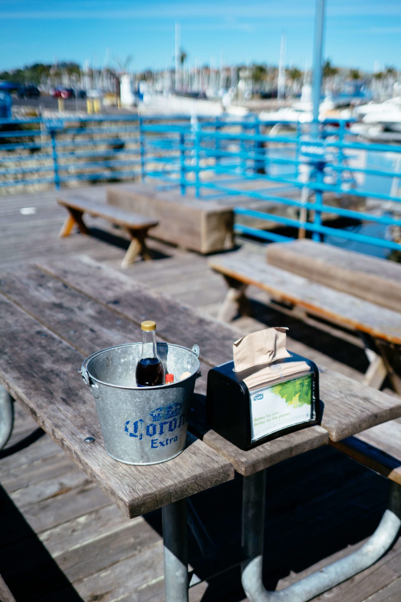 Picnic tables at fish in sausalito on the water