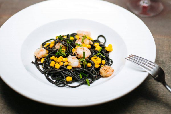 Squid Ink Pasta with Rock Shrimp and Corn is a fun summer pasta dish.
