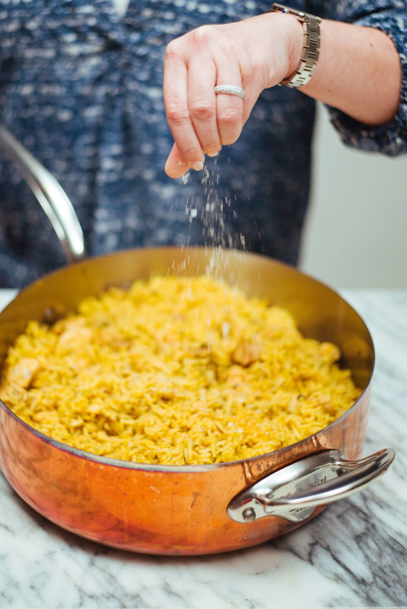 Top with Maldon Sea Salt for Chicken Biryani in a Mauviel pan