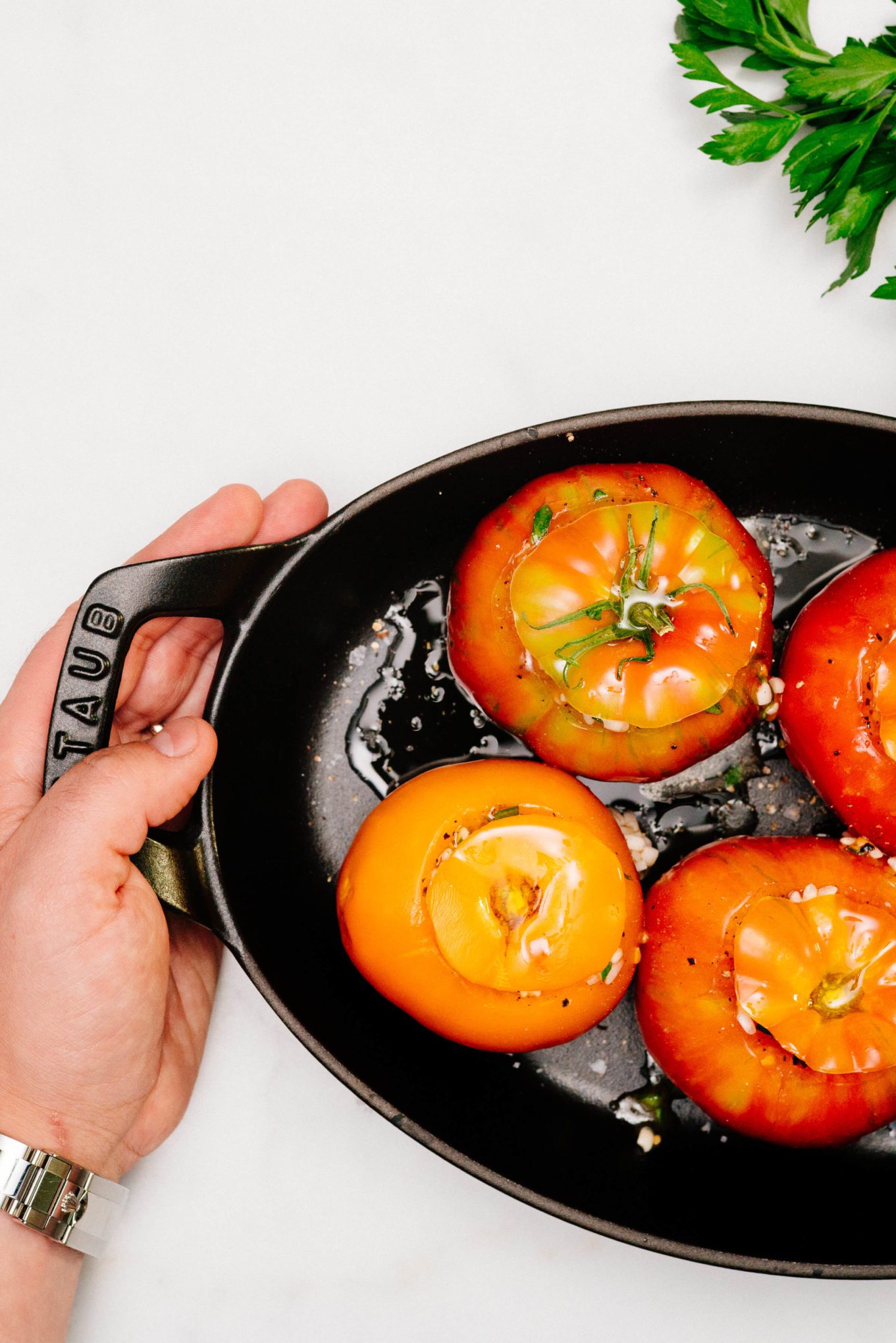 Drizzled with olive oil to make tomato confit risotto