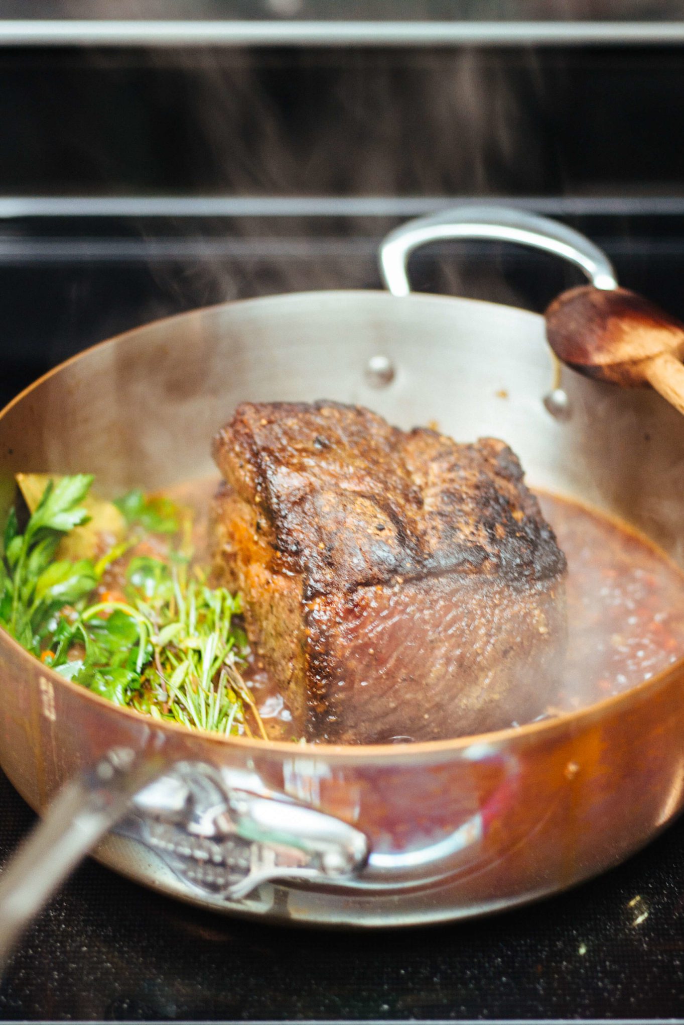 Braising boneless short ribs in a mauviel pan