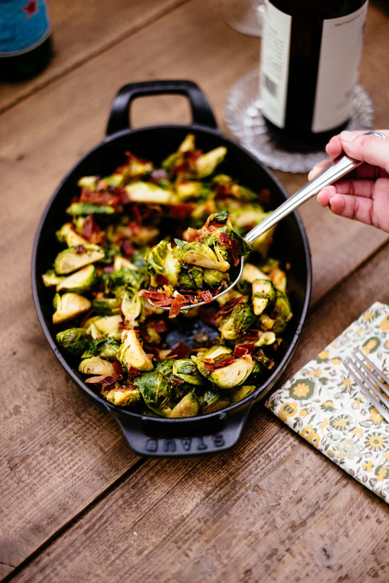 Serving brussel sprouts with prosciutto di parma 