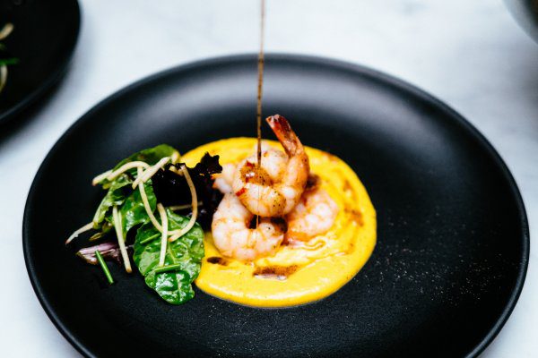 the taste edit makes Sauteed Shrimp with Butternut Puree and Cider Gastrique by stephanie izzard
