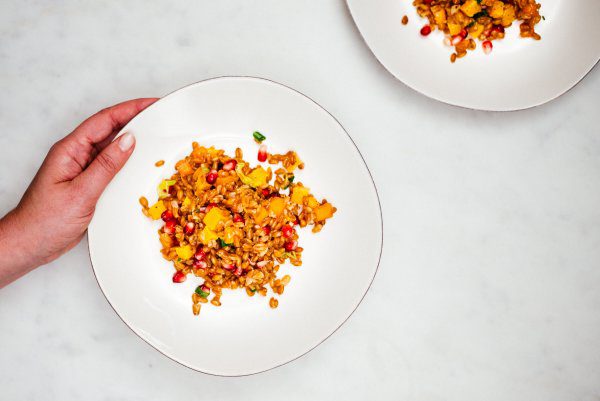 This Autumn Farro Salad is perfect with an olive oil dressing, persimmons, and pomegranates