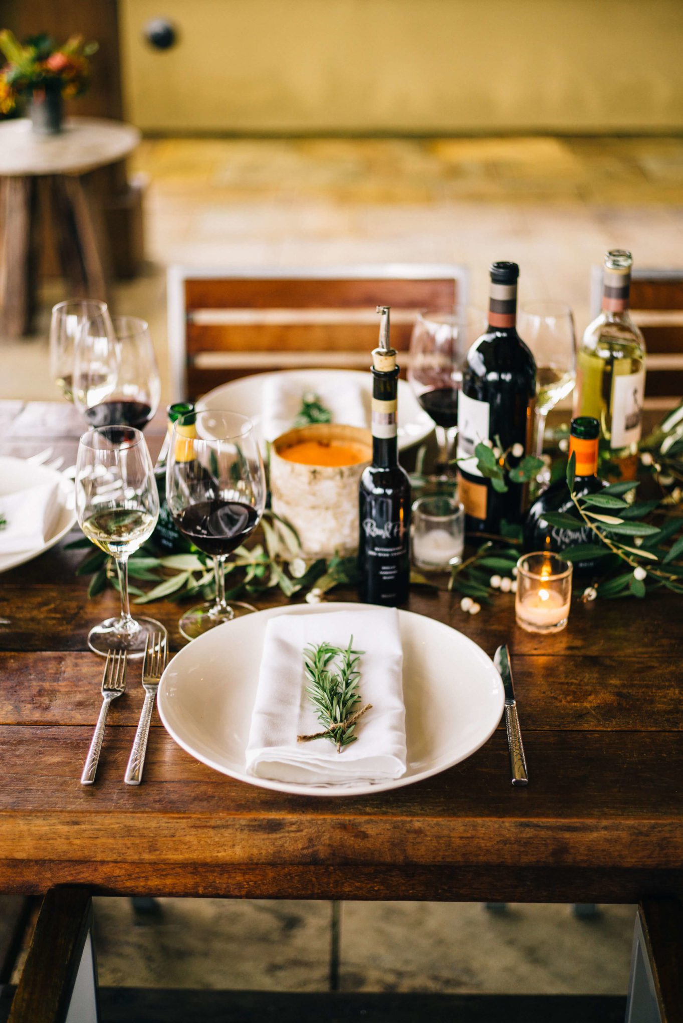 Birch candles are perfect with glowing tea lights for a table setting with the the taste edit at round pond estate winery in napa