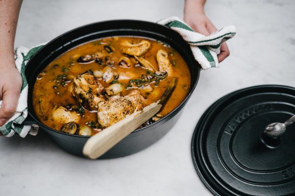 Coq Au Vin cooks perfectly in this staub pan, a simple recipe by The Taste Edit