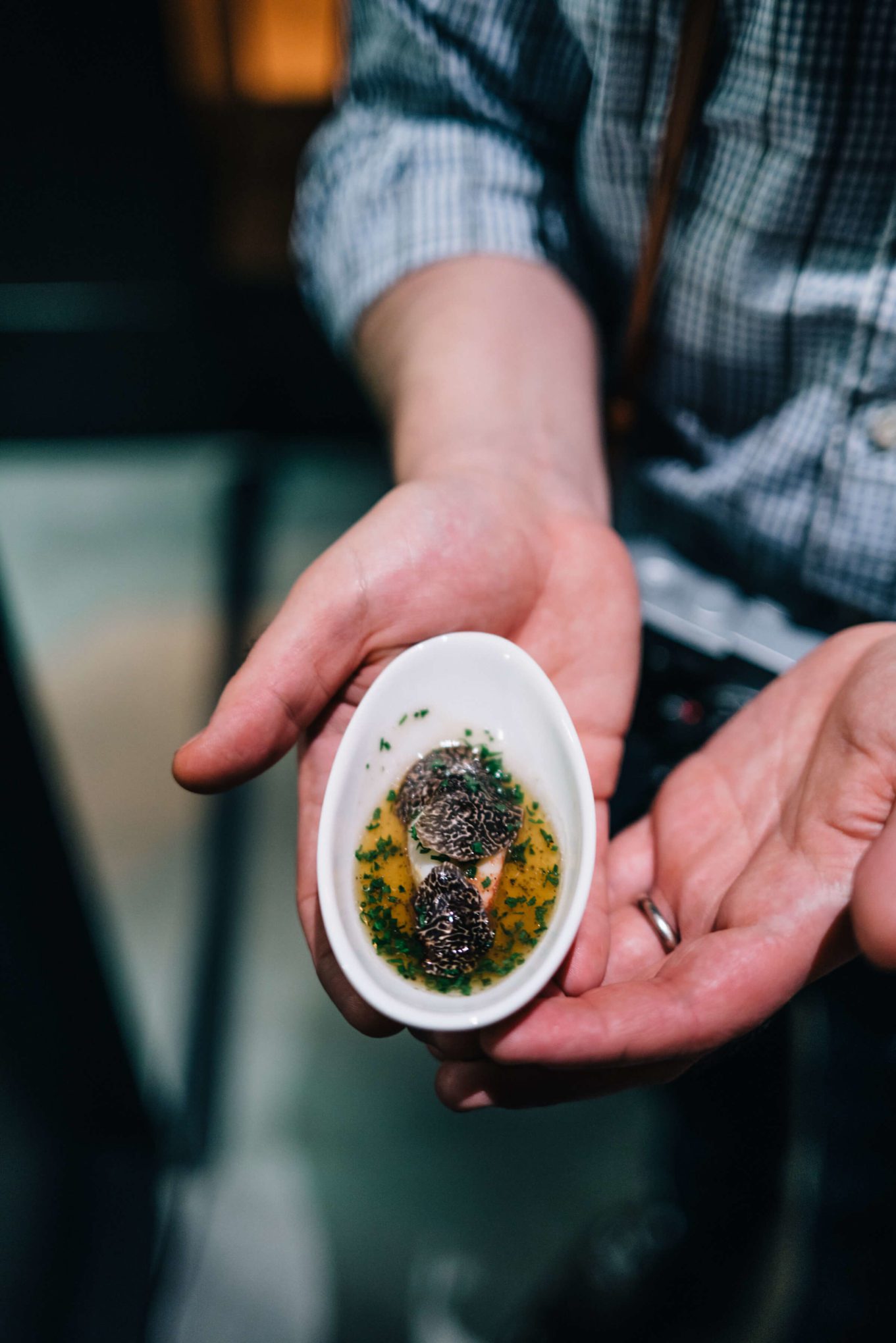 Michael Mina Dungeness crab meat flan with black truffle dash at Ment'or BKB's send off celebration for Team USA 2017 to the Bocuse D'or with The Taste Edit