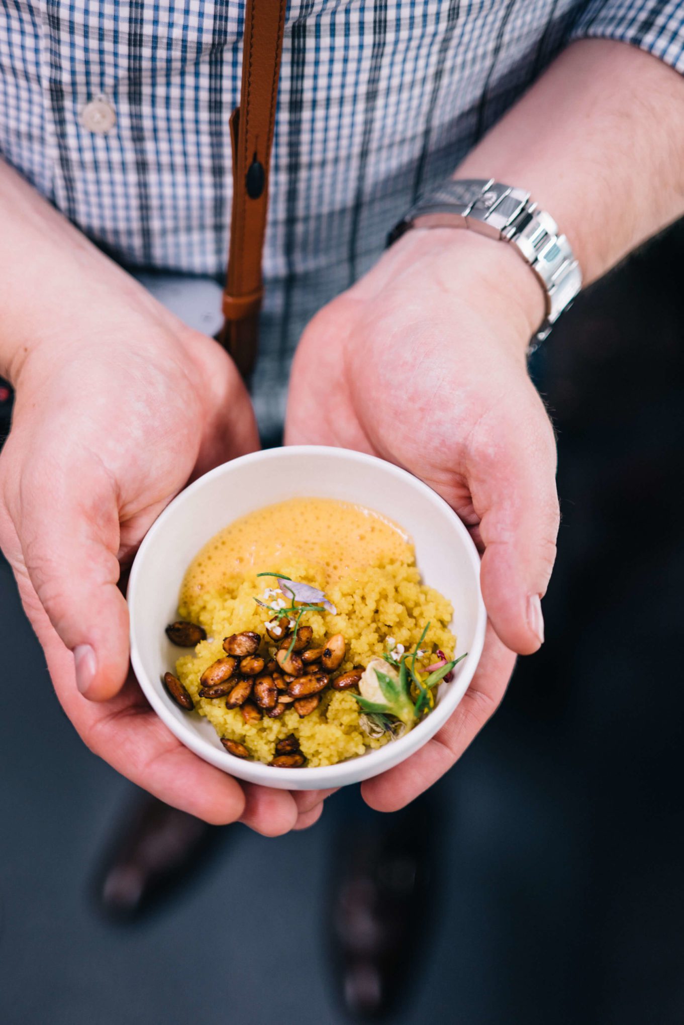 Chef moured lahlou from Mourad's couscous with pumpkin seeds, harissa, and blossoms at Ment'or BKB's send off celebration for Team USA 2017 to the Bocuse D'or with The Taste Edit