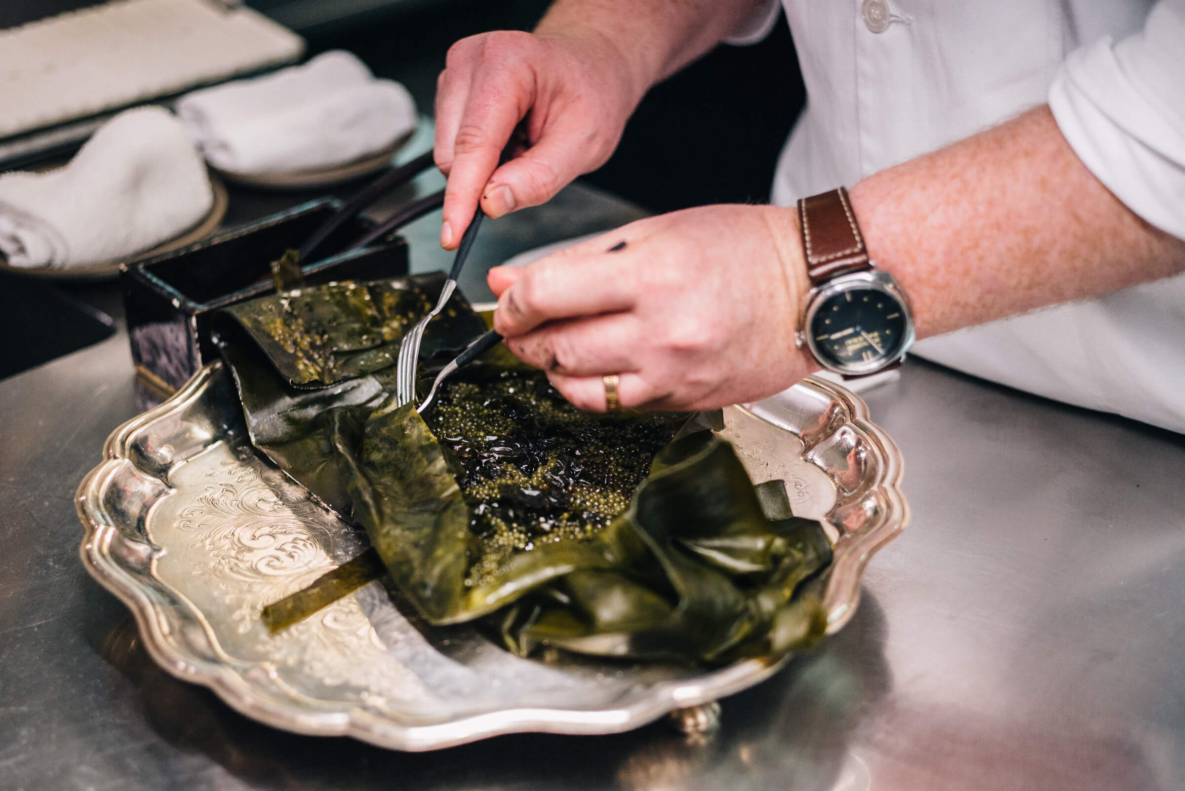 Joshua Scenes from Saison with cured caviar in grilled kelp at Ment'or BKB's send off celebration for Team USA 2017 to the Bocuse D'or with The Taste Edit