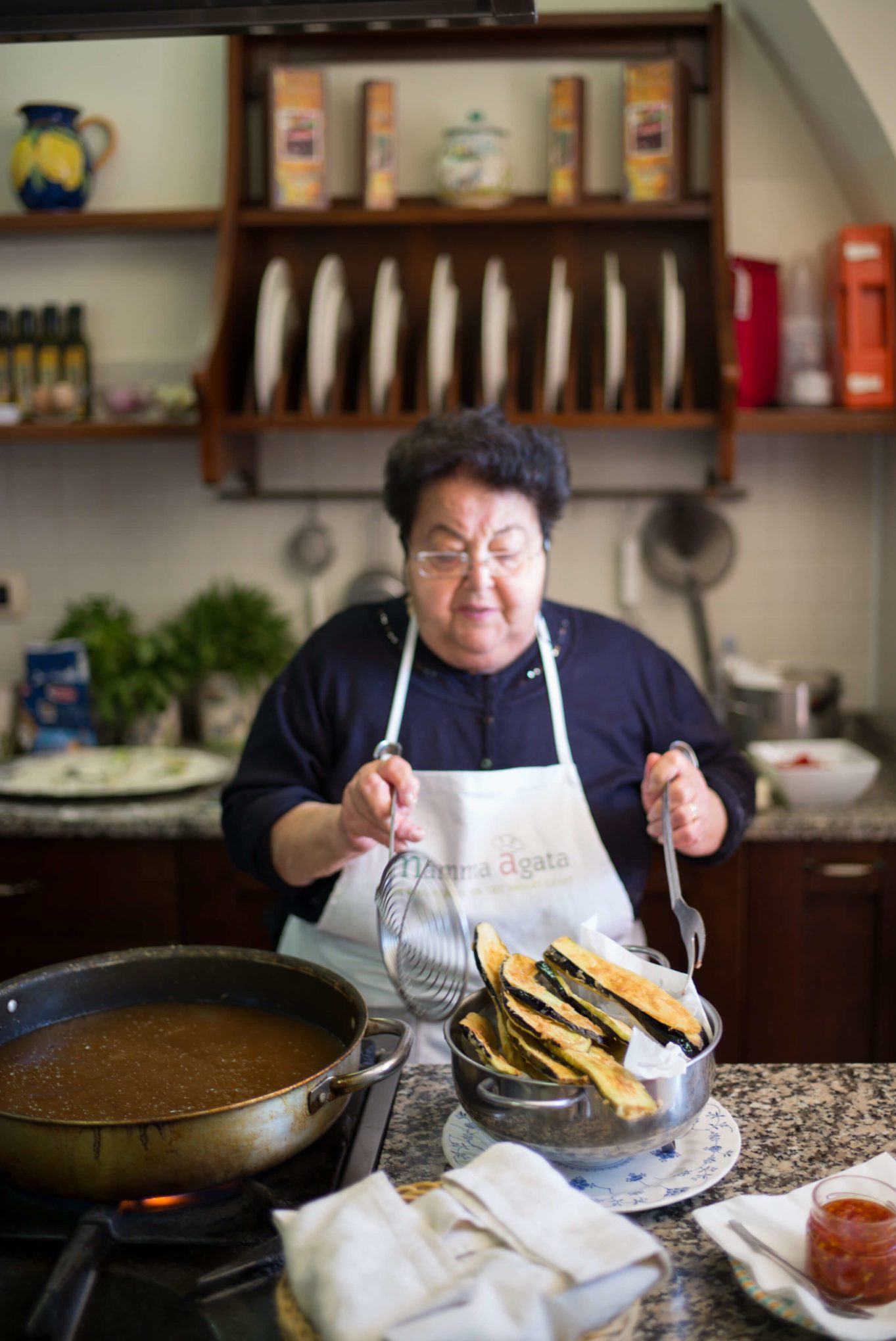 Mamma Agata Frying Eggplant, Mamma Agata's Cooking School, Ravello, The Taste Edit