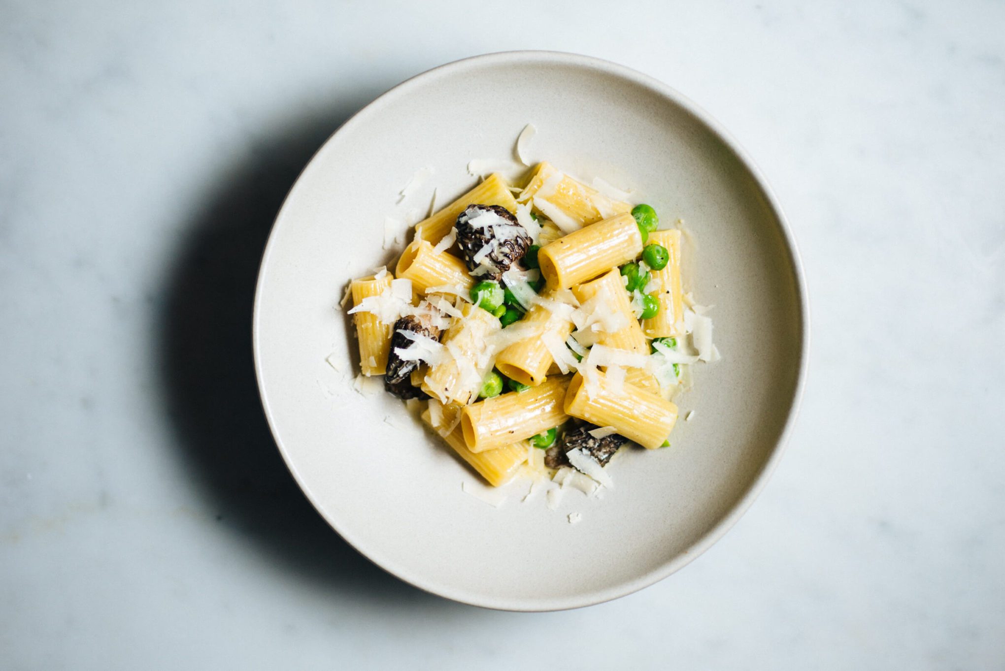 A spring Morel Mushroom Pea Rigattoni pasta recipe from The Taste Edit