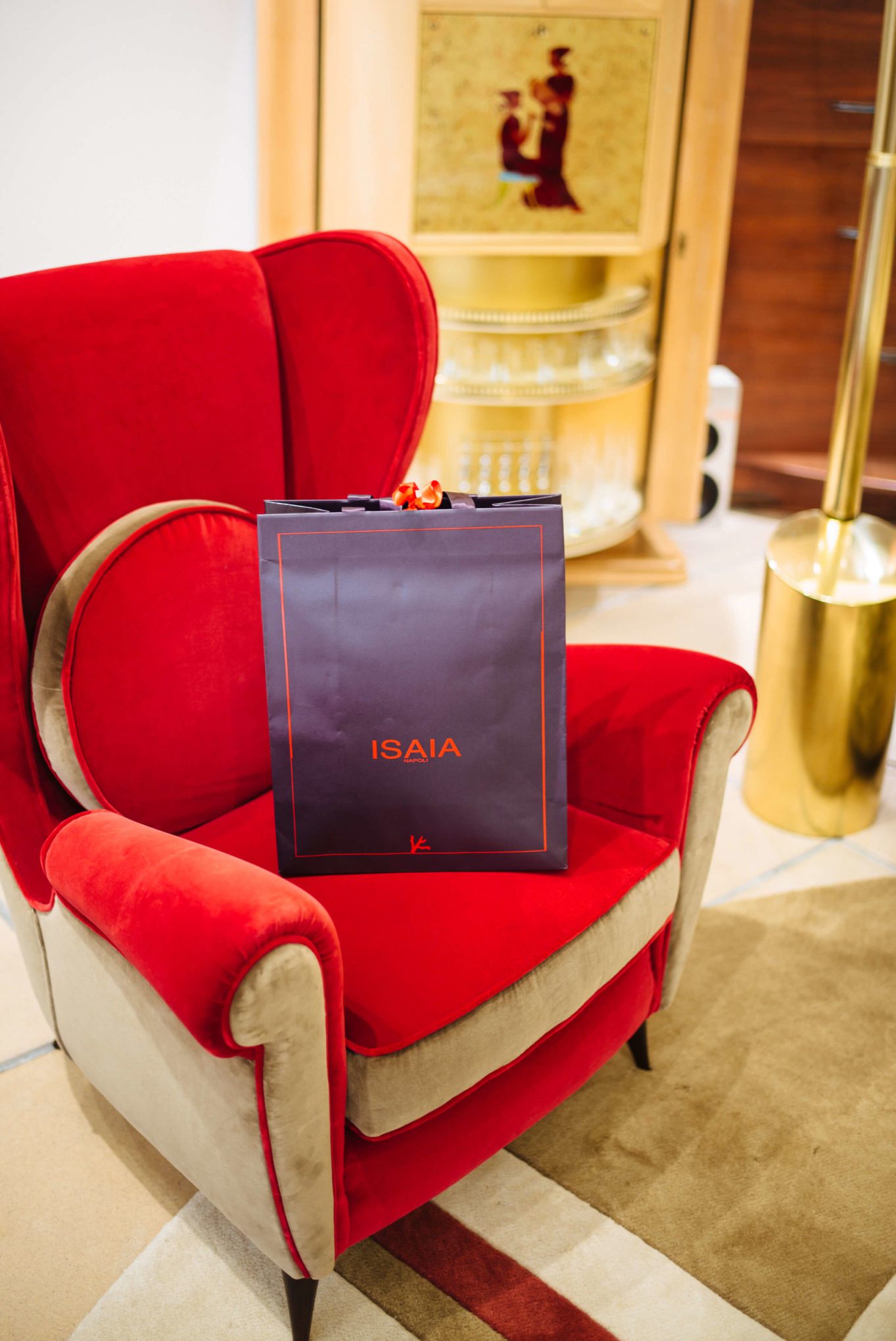 Italian chair in the Lounge at Isaia San Francisco Store, Neapolitan Isaia suits in the historic VC Morris Frank Lloyd Wright San Francisco, The Taste Edit