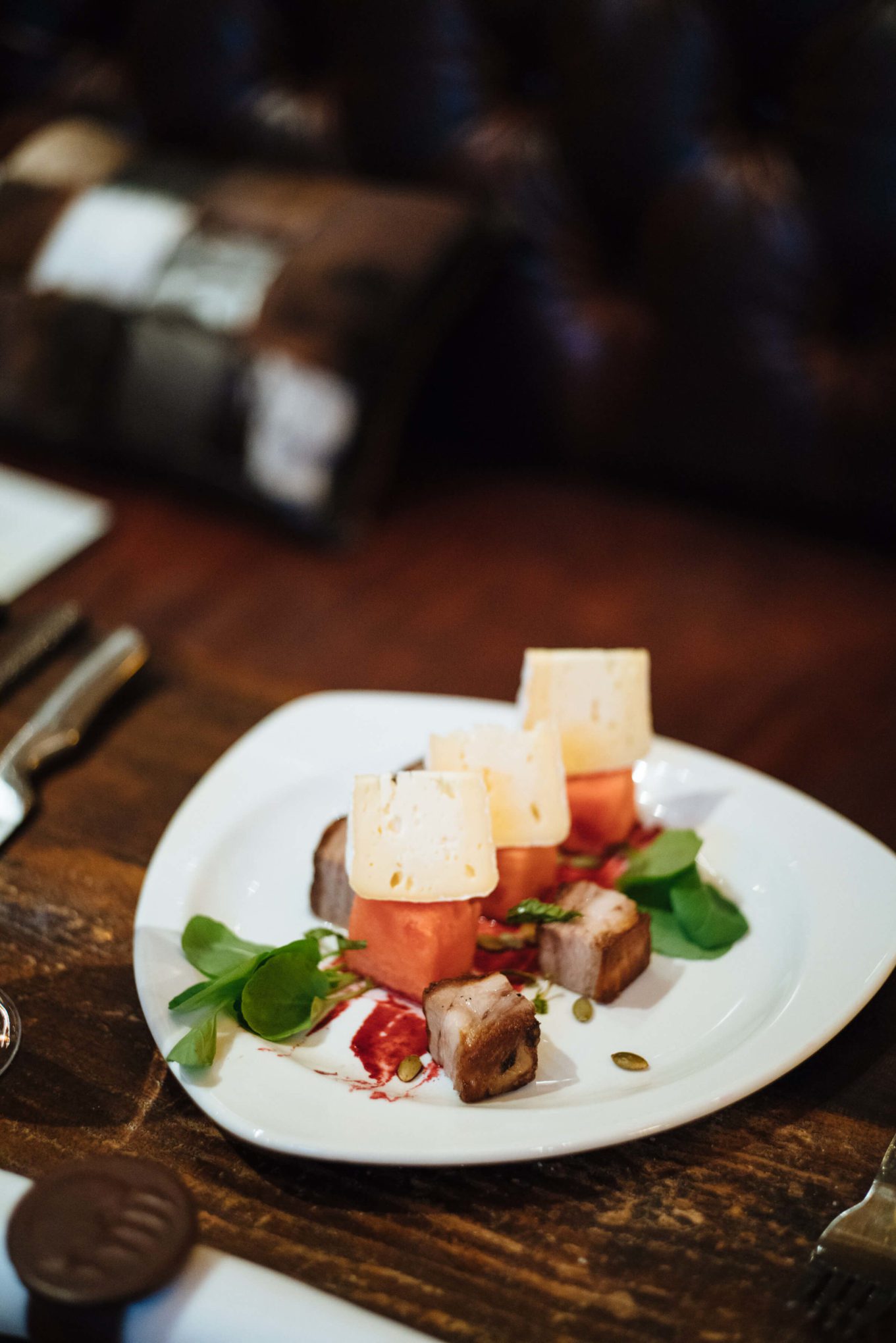 Watermelon and pork belly and mt tam cheese at Pomp Restaurant, The Resort at Paws Up, Chef Ben Jones, The Taste Edit