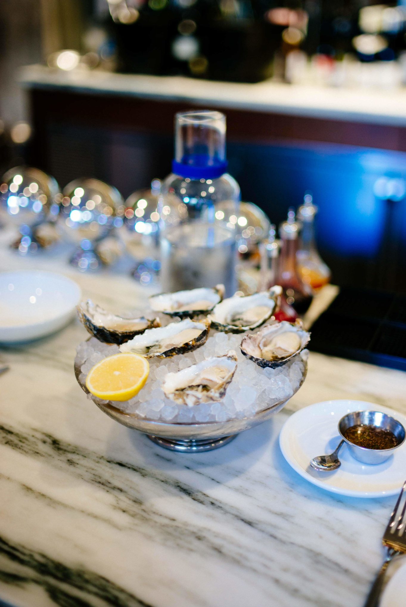 Order oysters with Szechuan mignonette at Flora bar in New York City, the oysters of the day were Sea Cows from Hama Hama Oyster company, attached to the Met Breuer, see more on TheTasteSF