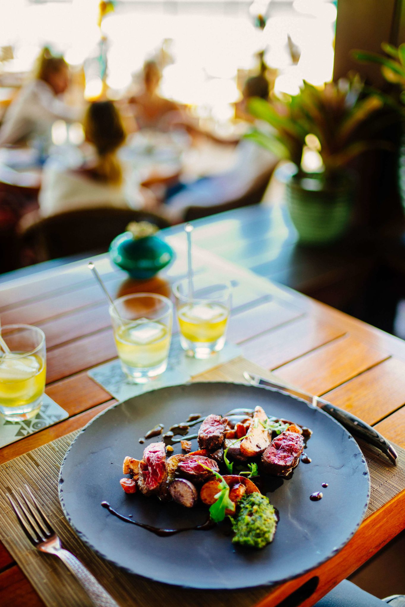 The best lunch in Kona with whiskey and hangar steak at the Beach Tree Club Restaurant at Four Seasons Hualalai the luxury hotel, thetasteSF