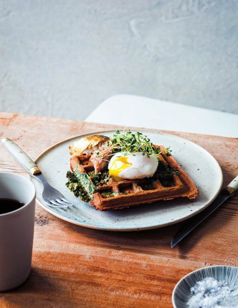 Kale & Buckwheat Waffles with Eggs from Nordic cookbook #recipe #vegetarian #eggs #cookbook #food