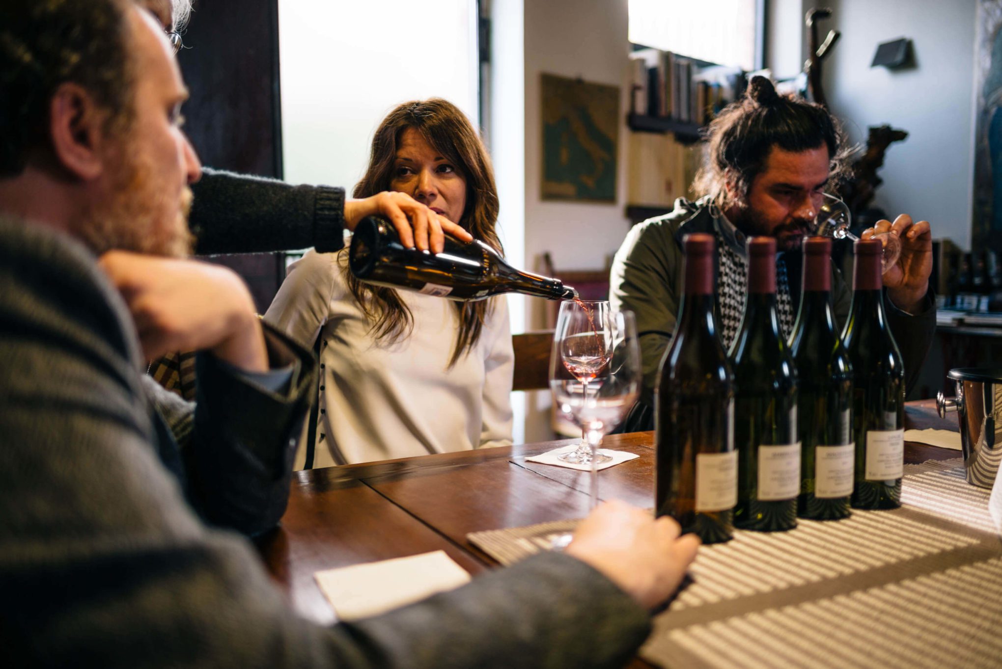 Sarah Stanfield and Clayton from The Taste Edit, Ceri Smith, Diego Sorba, and Fabio Gea at a tasting with Maria Teresa Mascarello offers a tasting in Piedmont of her legendary Bartolo Mascarello complex wine.