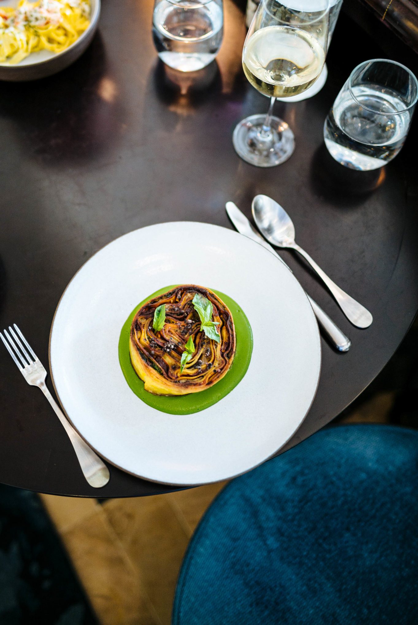 The Lasagnette with smoked eggplant, Swiss chard, ricotta at The Nomad Hotel in downtown LA restaurant 