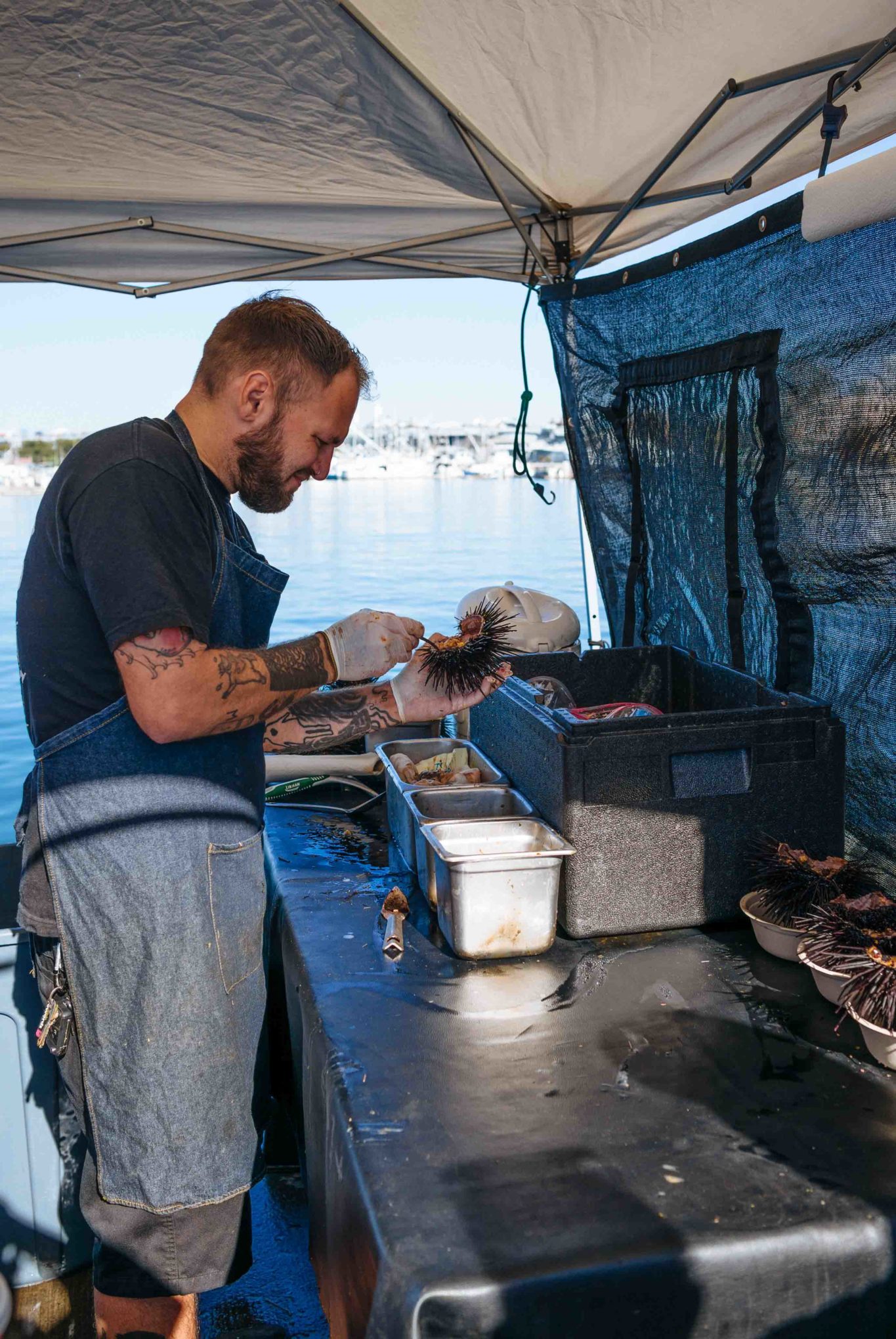 Visit the Tuna Harbor Dockside market for the freshest seafood like these sea urchin filled with poke