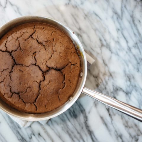 Use figs in this warm chocolate sponge cake in a saucier pan or use a different fruit recipe