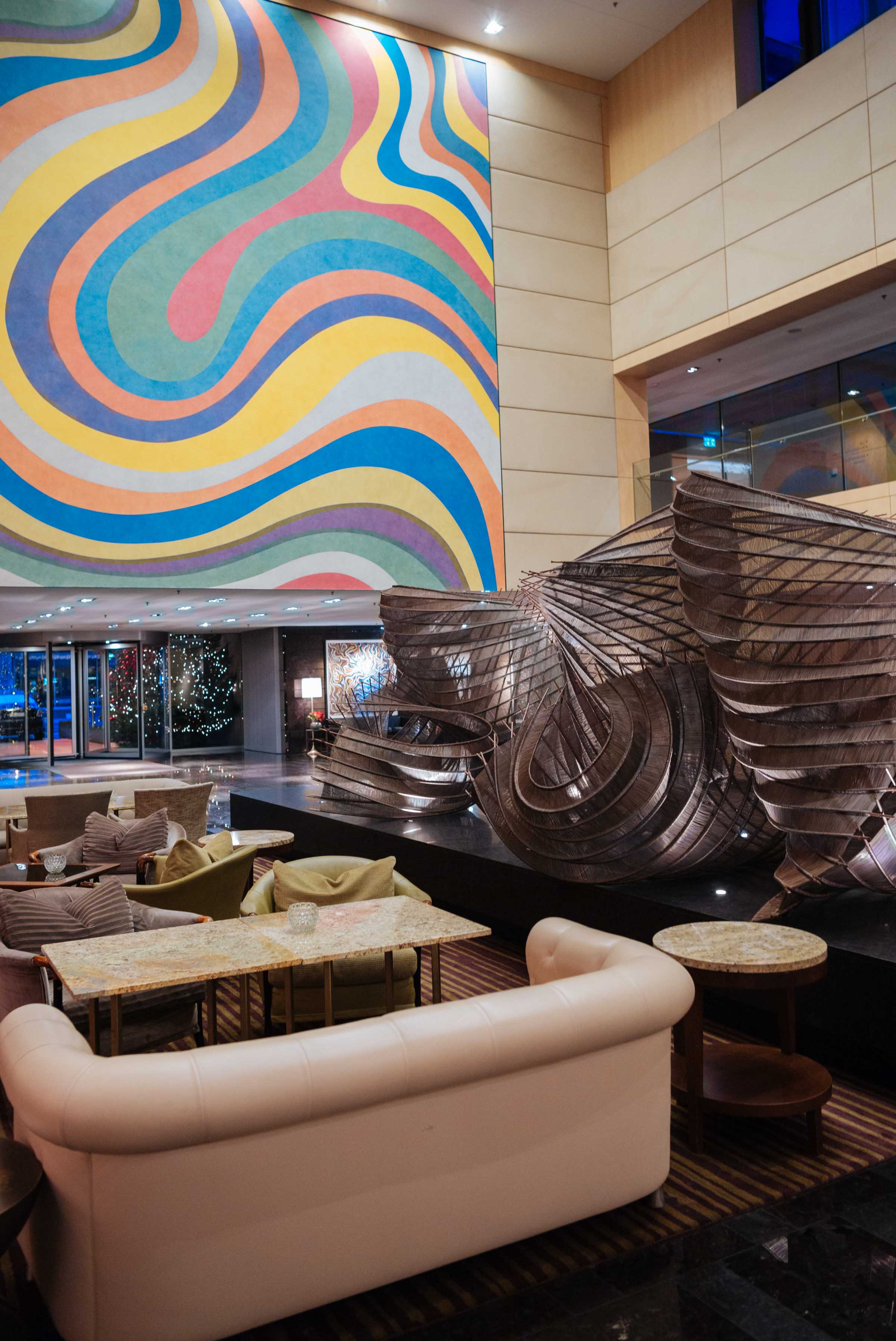 A sculpture and paintings adorn the lobby of the Park Hyatt Zurich Hotel in Switzerland