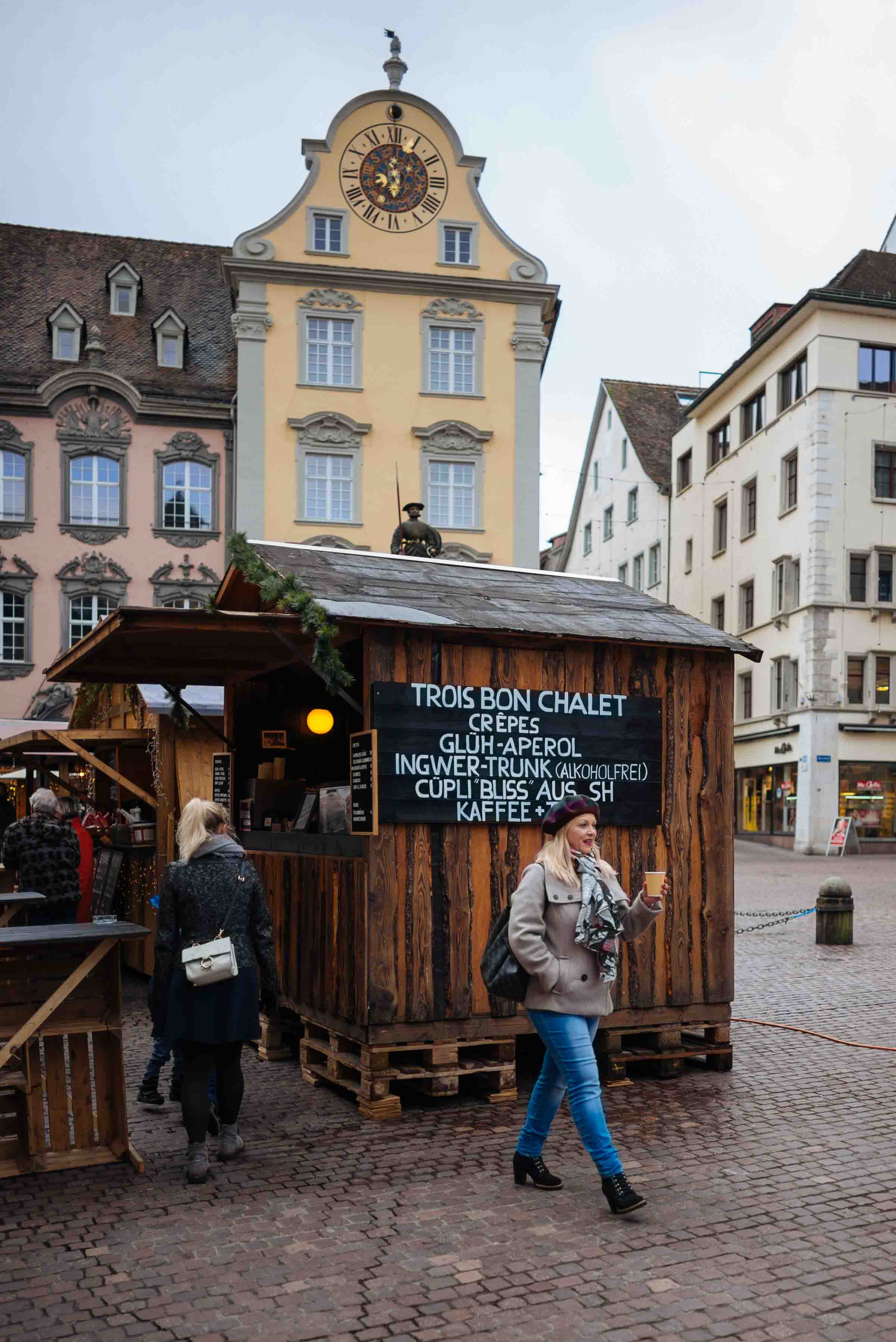 Visit Schaffhausen Switzerland at Christmas time for their Christmas market and a snack or a cup of hot mulled wine