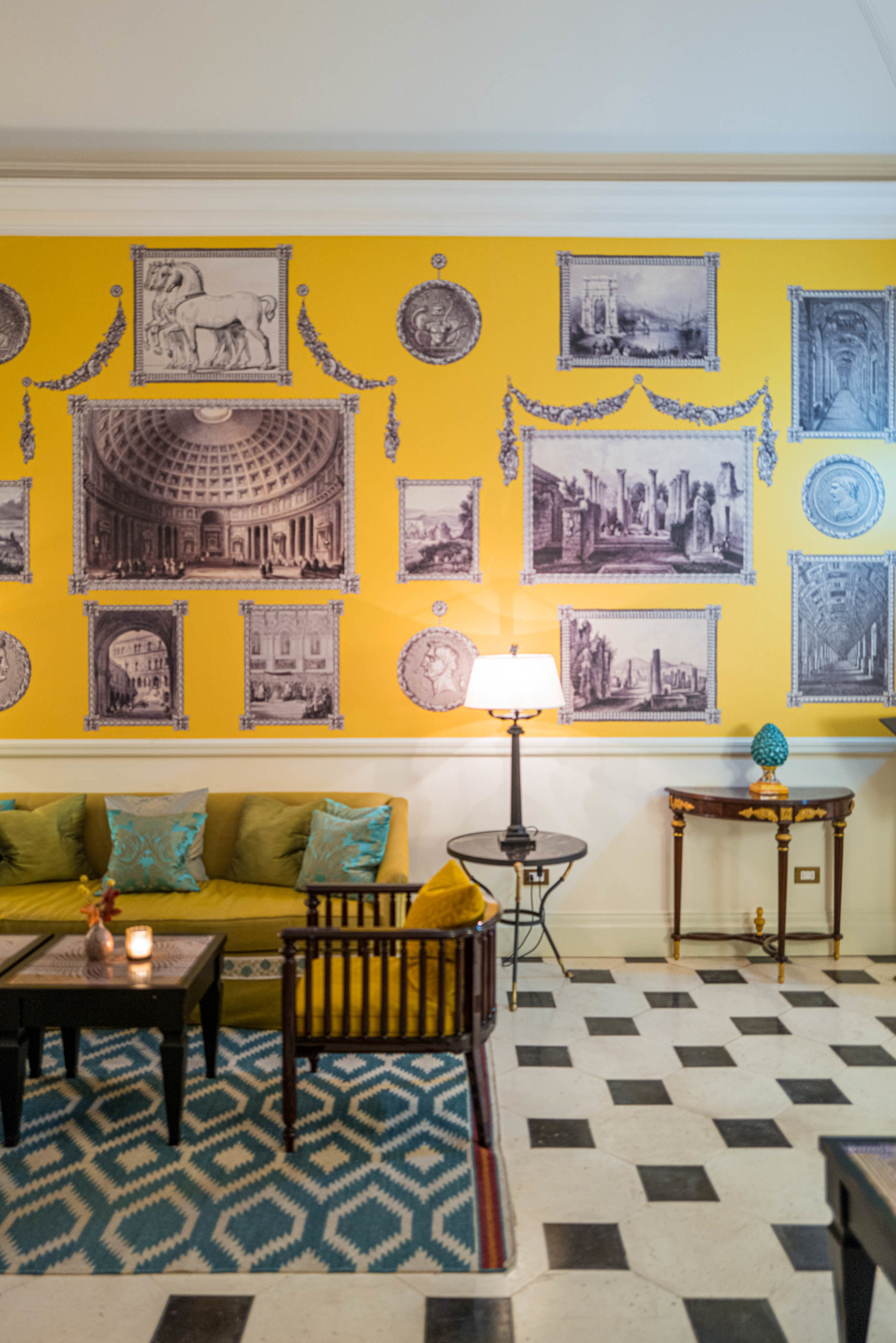Yellow walls and black and white checkered floors at Julep Herbal & Vermouth Bar at Rocco Forte's Hotel de la Ville Rome - The Taste Edit #rome #hotel #decor #travel
