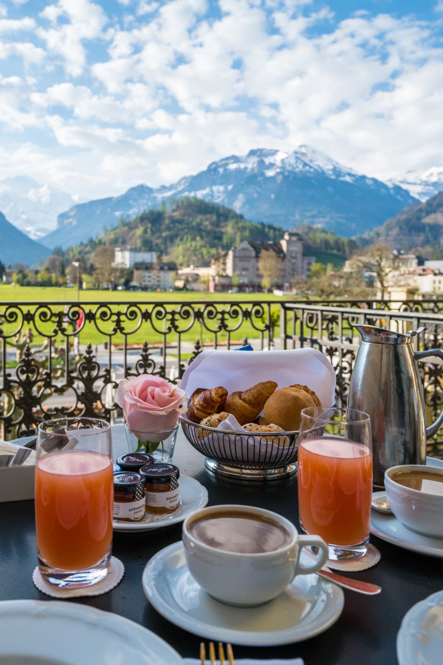 Order breakfast on the terrace overlooking the Jungfrau mountain at the Victoria-Jungfrau hotel in Switzerland, #breakfast #swiss #hotel #switzerland #mountains #luxury #bunch