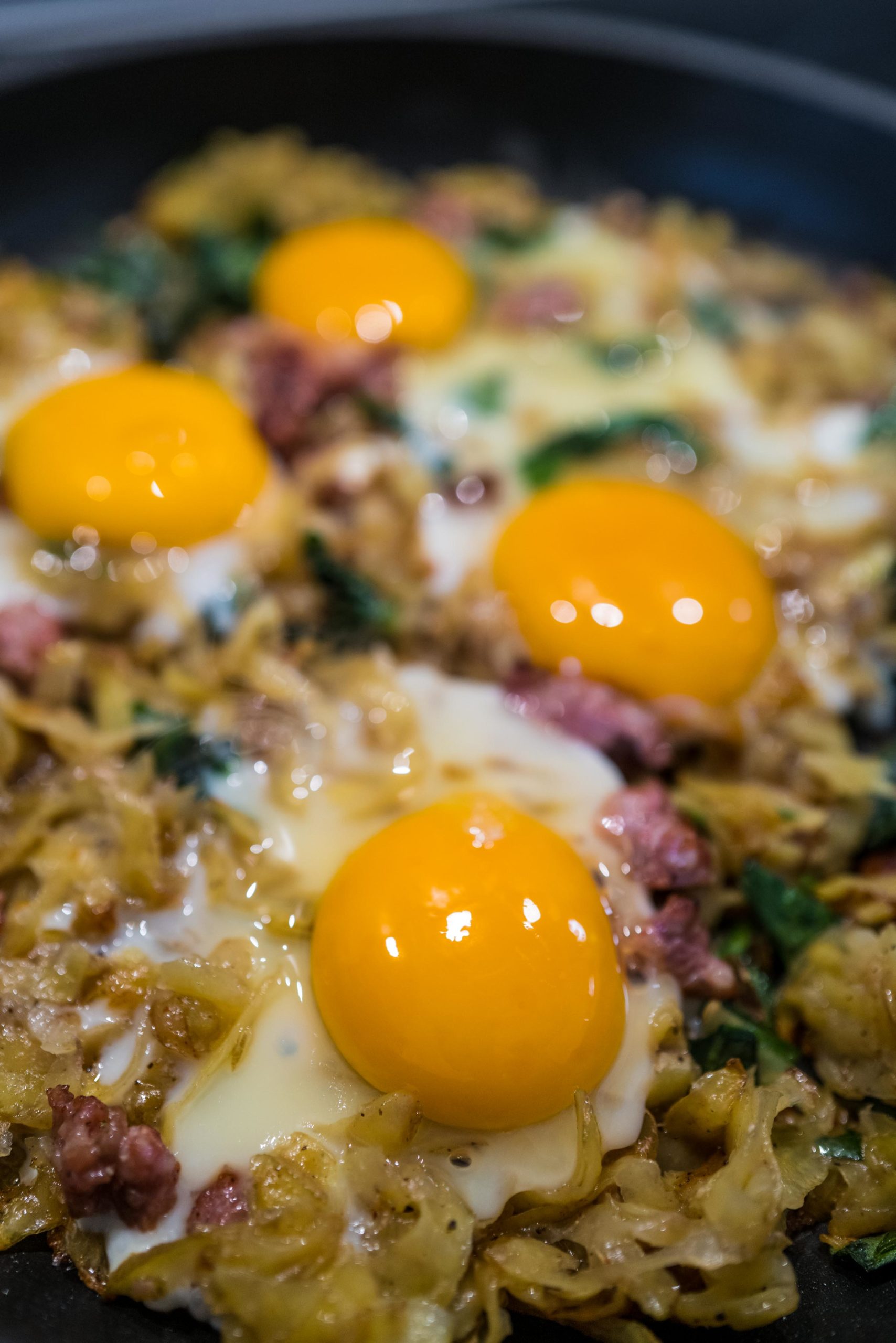 Top the homemade hash browns with farm fresh eggs for your breakfast or brunch. #eggs #hasnbrown #ramps