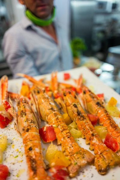 A platter of langoustines at the beach club restaurant Trattoria Casa Colonica al Negombo in Ischia