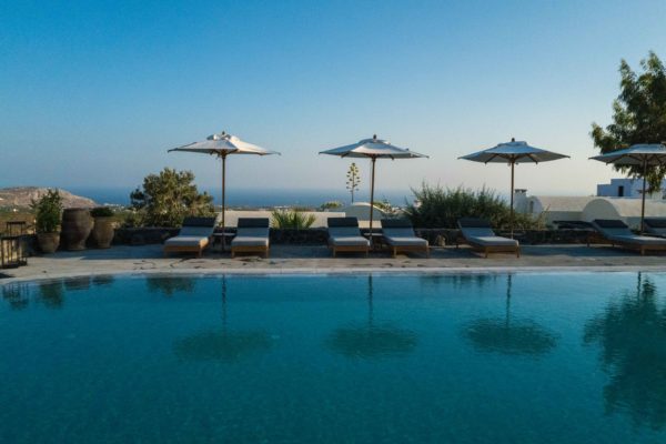 Infinity pool at Vedema Hotel in Megalochori on Santorini, Greece
