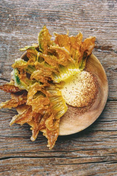 Courgette flower fritters with a light le perche saffron mayonnaise and sumac recipe from D’une île