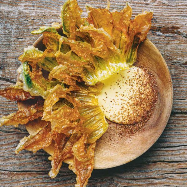 Courgette flower fritters with a light le perche saffron mayonnaise and sumac recipe from D’une île