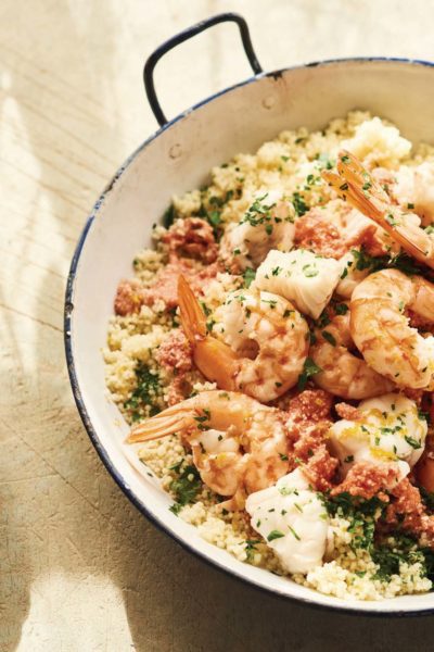 Sicilian fish couscous recipe made with shrimp, fish, and couscous