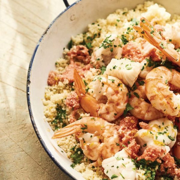 Sicilian fish couscous recipe made with shrimp, fish, and couscous