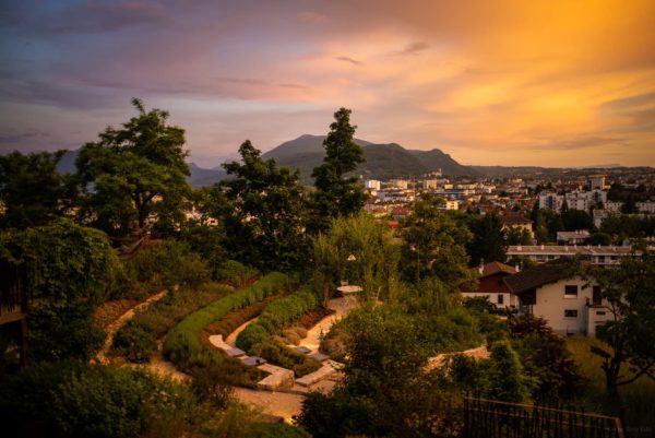 Sunset over the culinary garden at Chef Laurent Petit’s Clos de Sens hotel and three Michelin star restaurant is minutes from Geneva, in Annecy, the "Venice of France"
