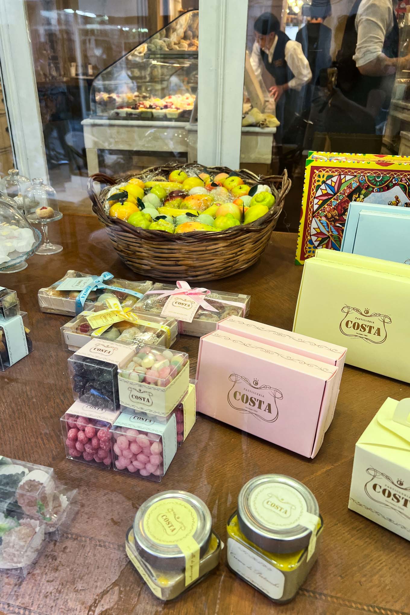Pasticceria Costa window in Palermo has tons of gifts, cookies and traditional Sicilian pastries