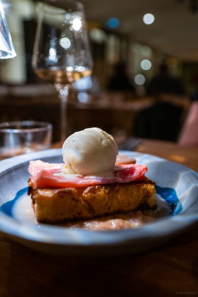 French Toast as a dessert or Seasonal Fruit Pain Perdu made with roasted rhubarb at Le Mirage Hotel in Lavandou France