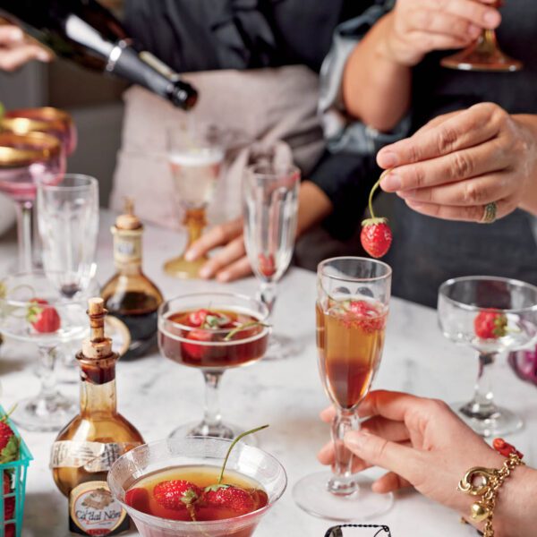 Champagne cocktails for parties with strawberry and balsamic vinegar